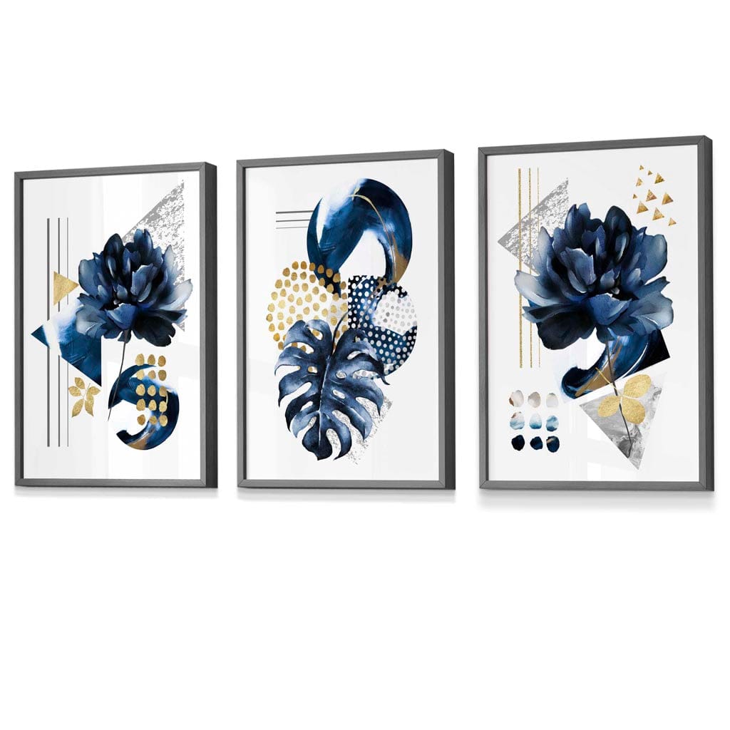 Abstract Marine and Gold Botanical Set of 3 Framed Wall Art Prints | Bowlift