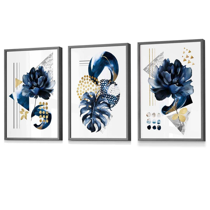 Abstract Marine and Gold Botanical Set of 3 Framed Wall Art Prints | Bowlift