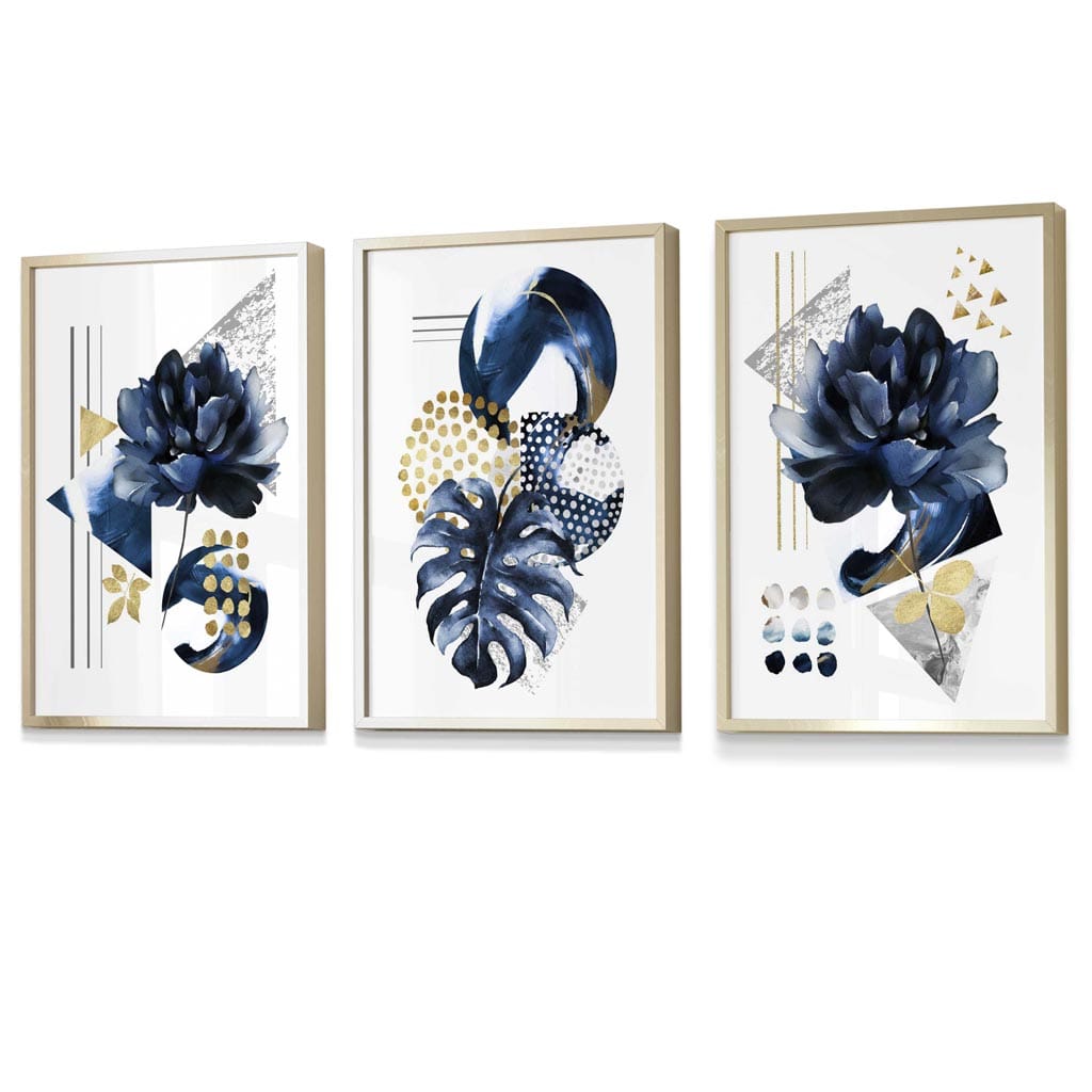 Abstract Marine and Gold Botanical Set of 3 Framed Wall Art Prints | Bowlift