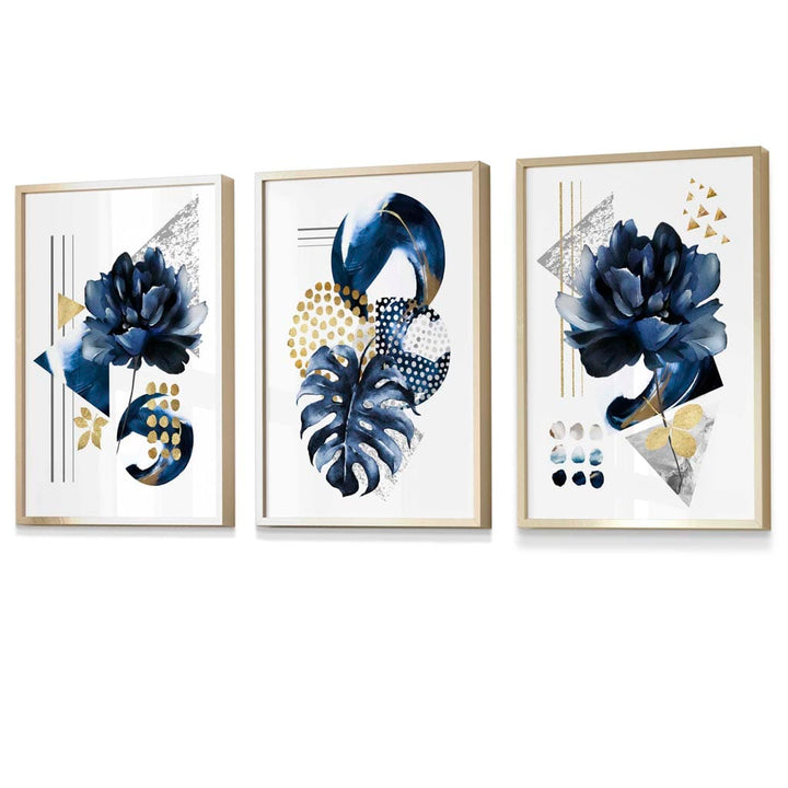 Abstract Marine and Gold Botanical Set of 3 Framed Wall Art Prints | Bowlift