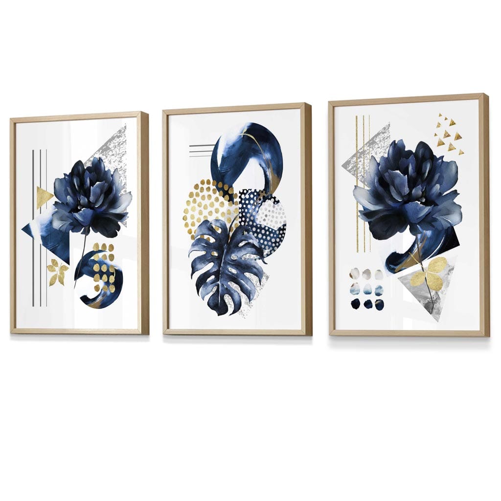 Abstract Marine and Gold Botanical Set of 3 Framed Wall Art Prints | Bowlift