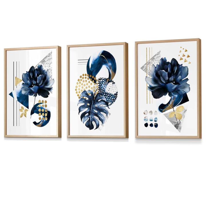 Abstract Marine and Gold Botanical Set of 3 Framed Wall Art Prints | Bowlift