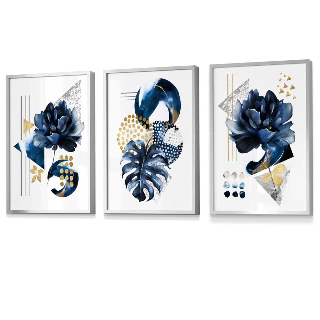 Abstract Marine and Gold Botanical Set of 3 Framed Wall Art Prints | Bowlift