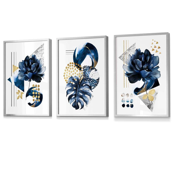 Abstract Marine and Gold Botanical Set of 3 Framed Wall Art Prints | Bowlift