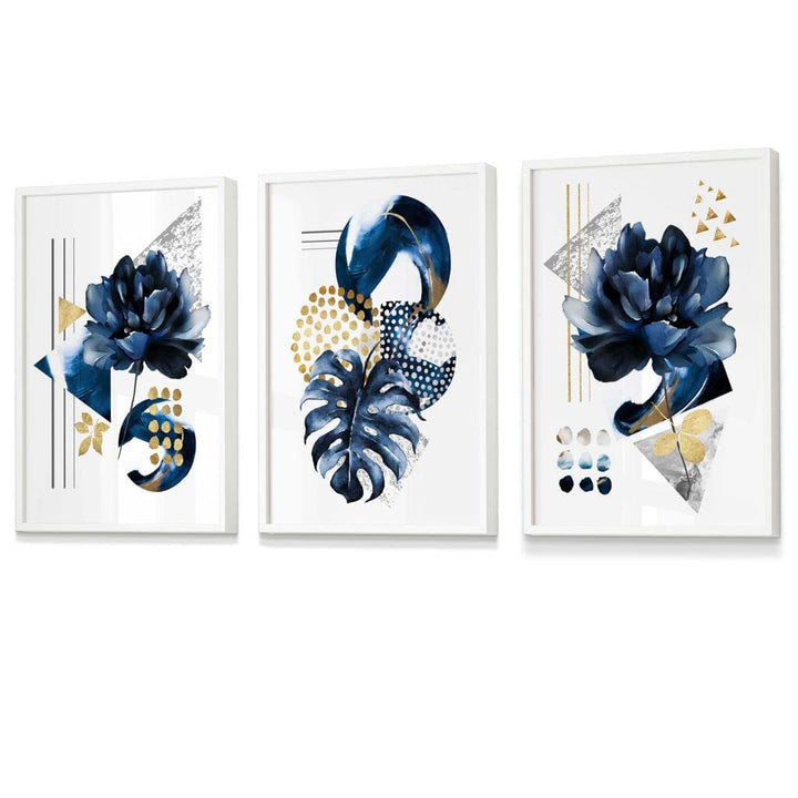 Abstract Marine and Gold Botanical Set of 3 Framed Wall Art Prints | Bowlift