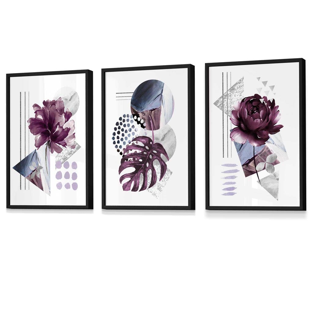 Abstract lilac and silver gray floral framed wall art prints | Bowlift