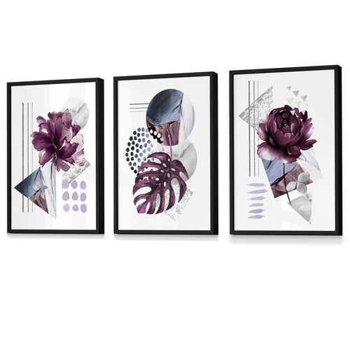 Abstract lilac and silver gray floral framed wall art prints | Bowlift