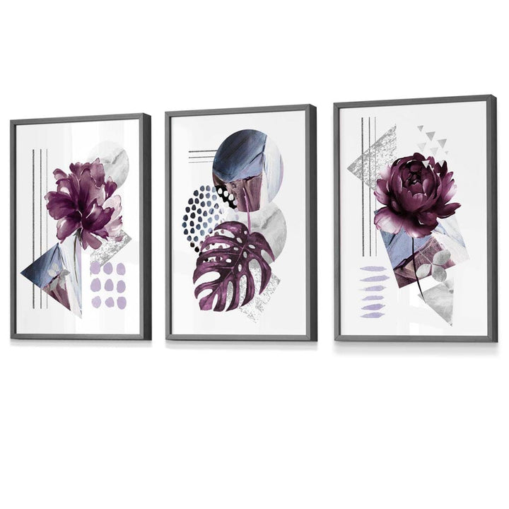 Abstract lilac and silver gray floral framed wall art prints | Bowlift