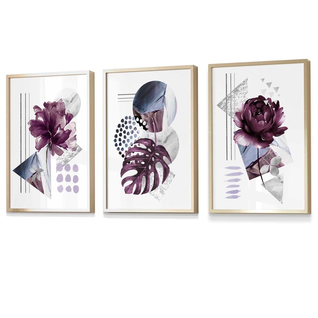 Abstract lilac and silver gray floral framed wall art prints | Bowlift