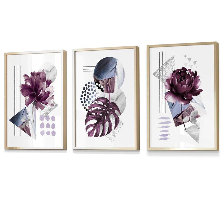 Abstract lilac and silver gray floral framed wall art prints | Bowlift