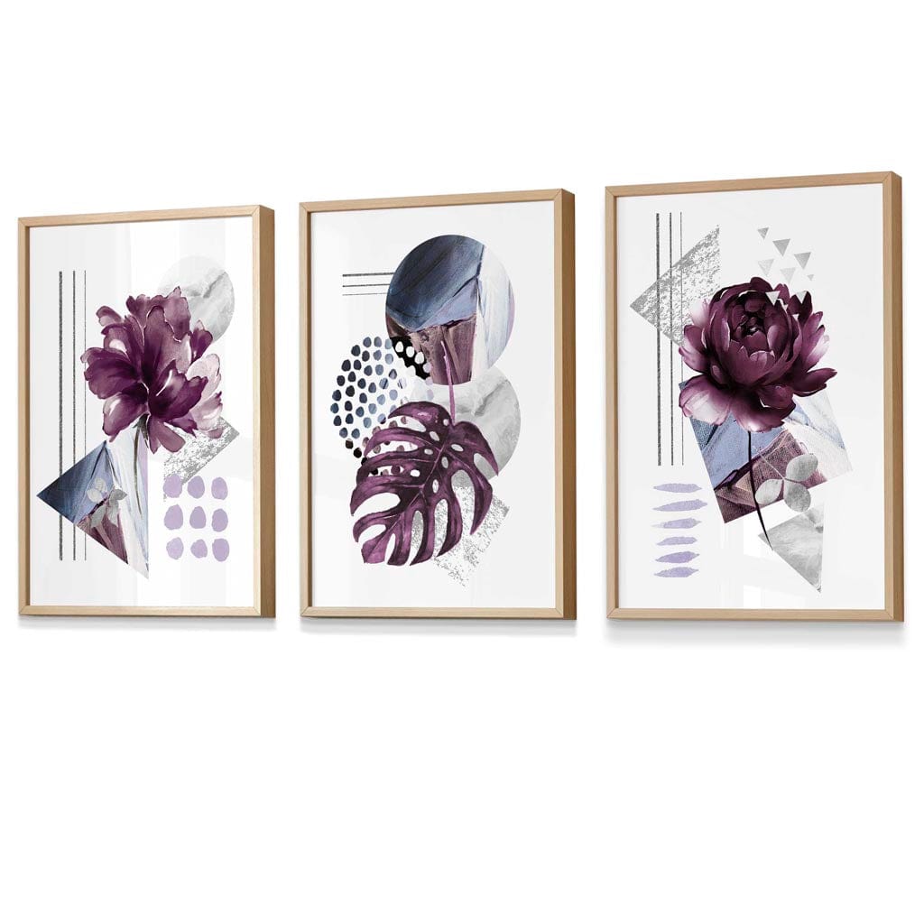 Abstract lilac and silver gray floral framed wall art prints | Bowlift