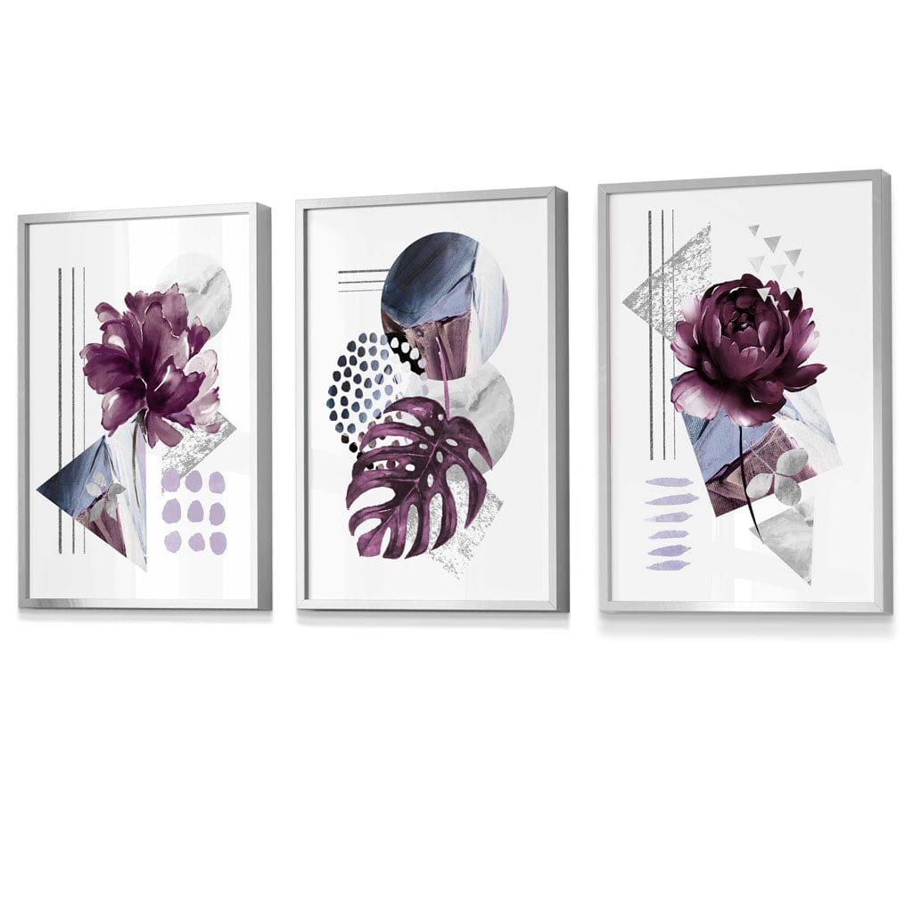 Abstract lilac and silver gray floral framed wall art prints | Bowlift