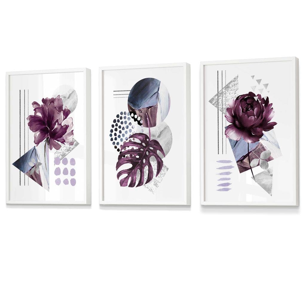 Abstract lilac and silver gray floral framed wall art prints | Bowlift