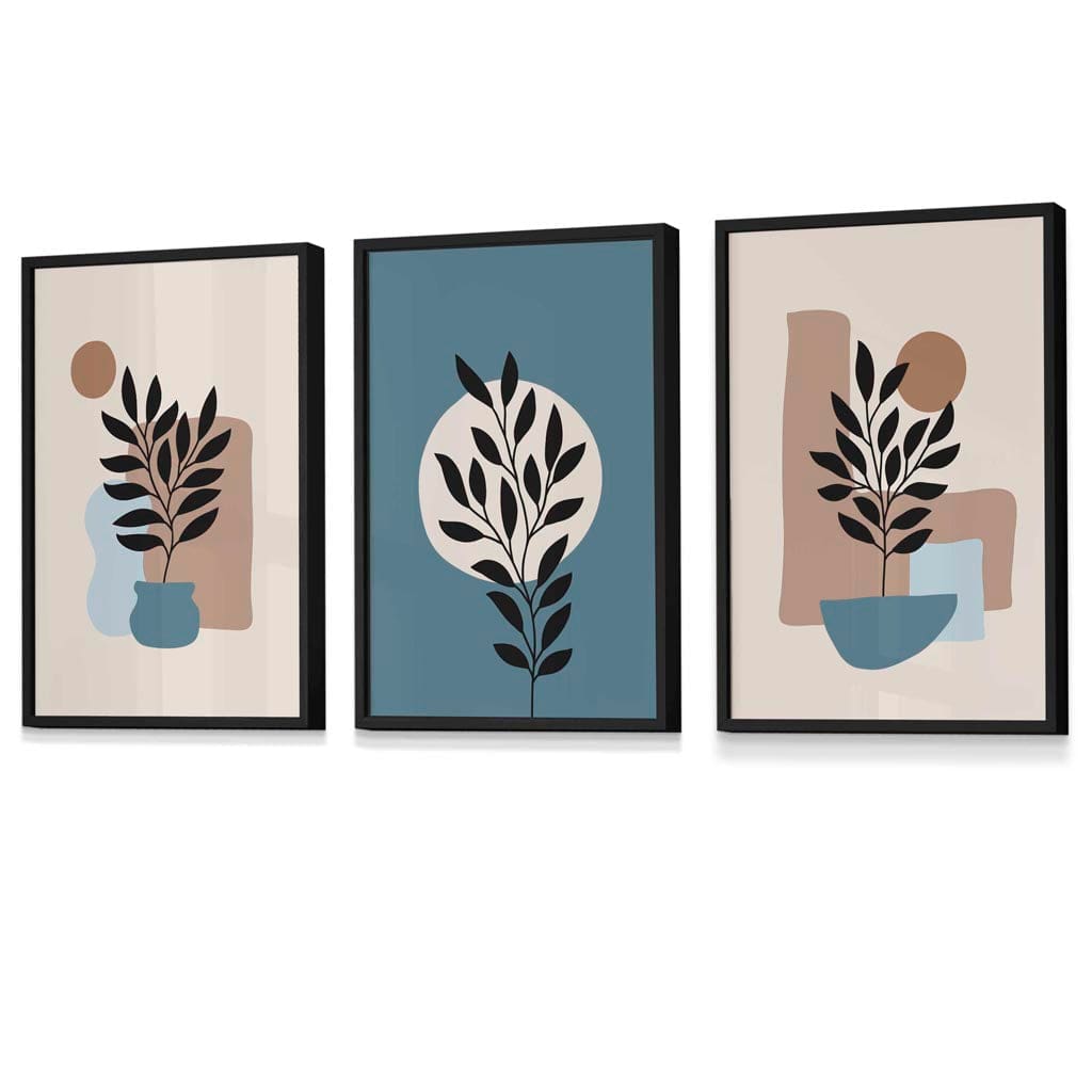 Botanical Set of 3 Boho Framed Wall Art Prints in Blue | Cream | Bowlift