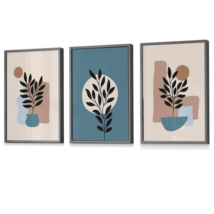 Botanical Set of 3 Boho Framed Wall Art Prints in Blue | Cream | Bowlift