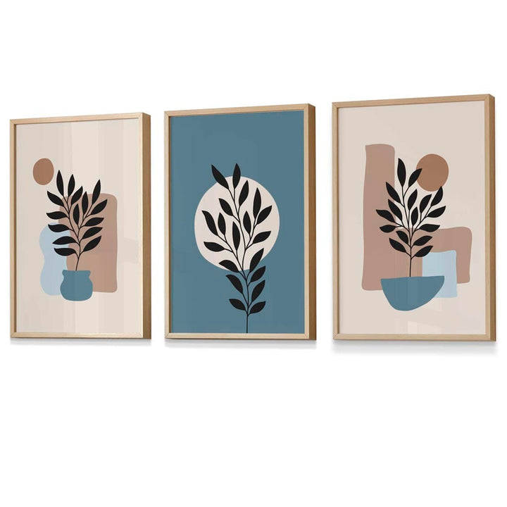 Botanical Set of 3 Boho Framed Wall Art Prints in Blue | Cream | Bowlift