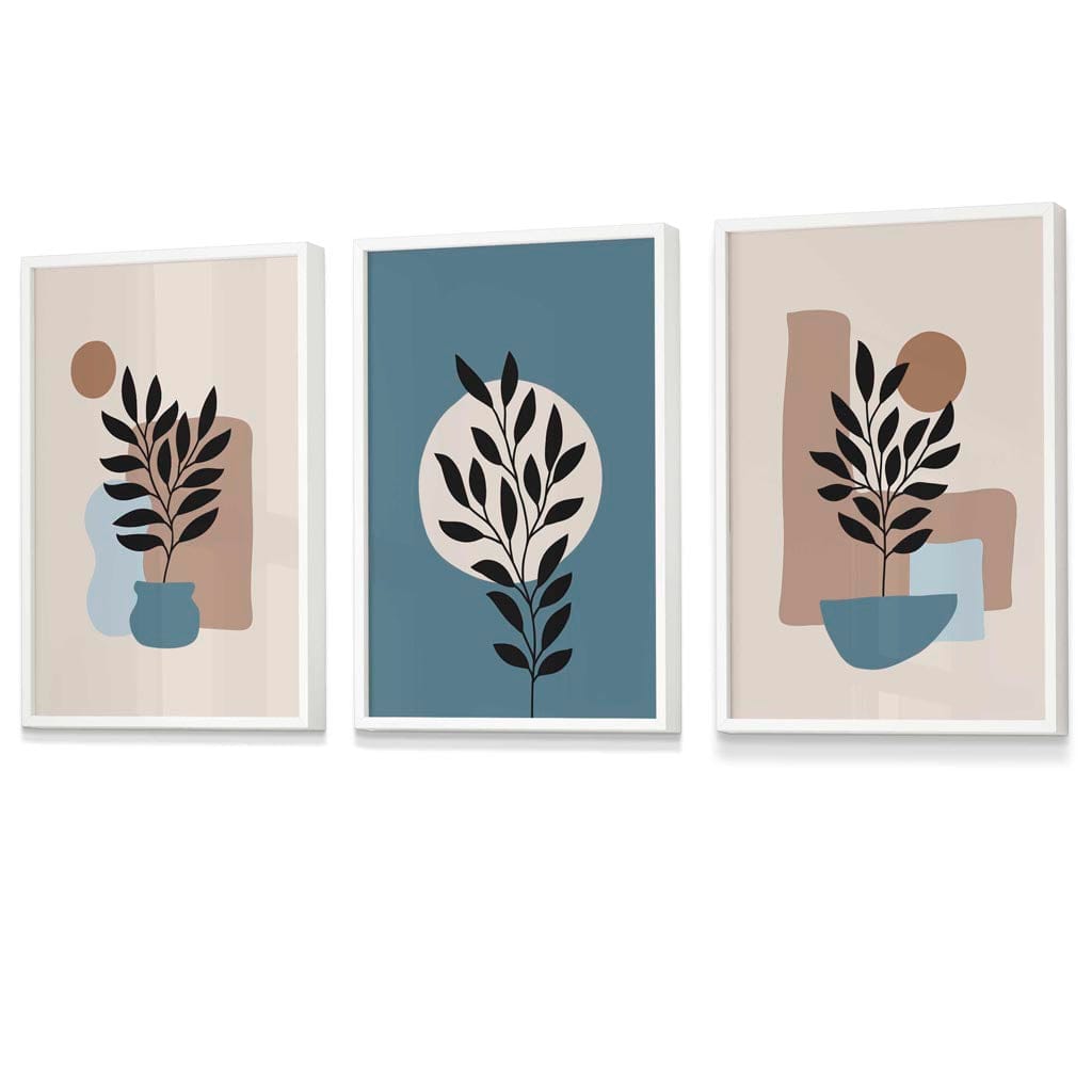 Botanical Set of 3 Boho Framed Wall Art Prints in Blue | Cream | Bowlift