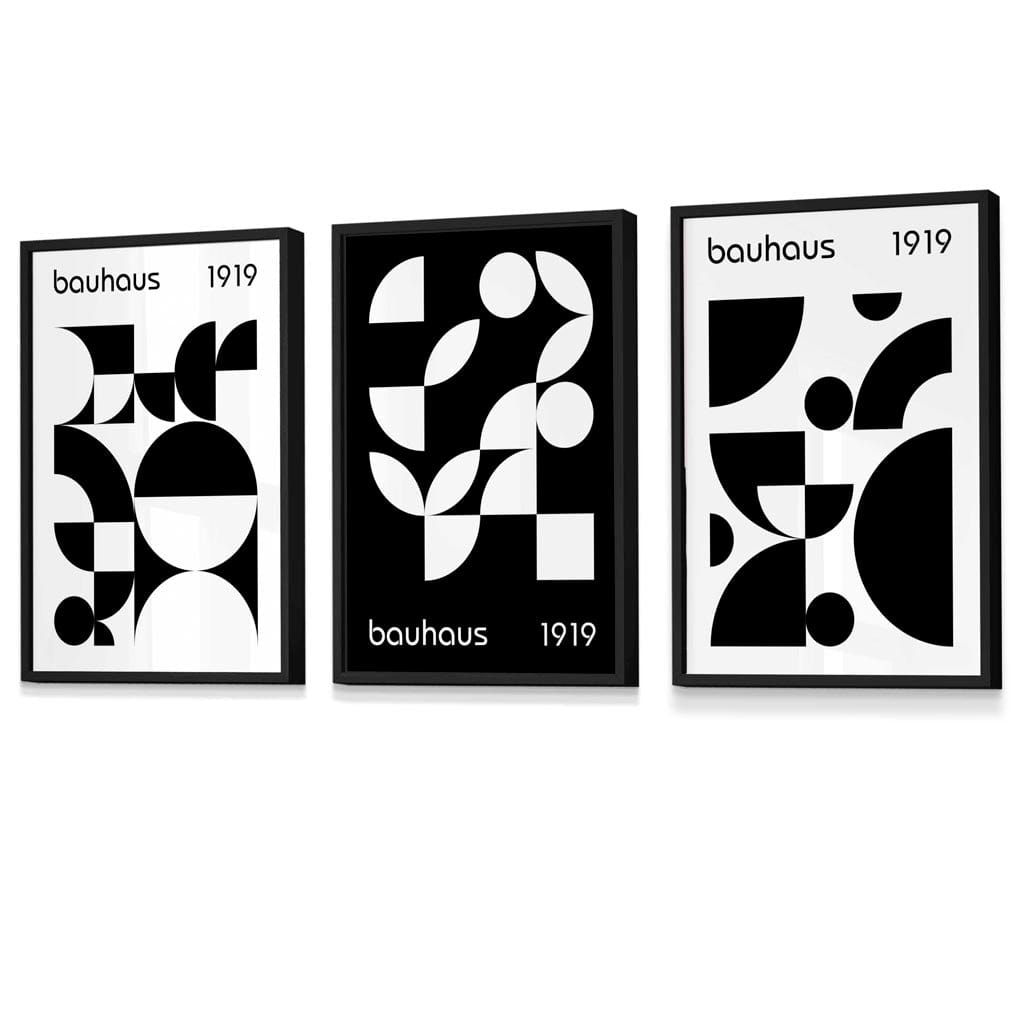 Bauhaus Style Graphic Black and White Geometric Set of 3 Framed Wall Art Prints | Bowlift
