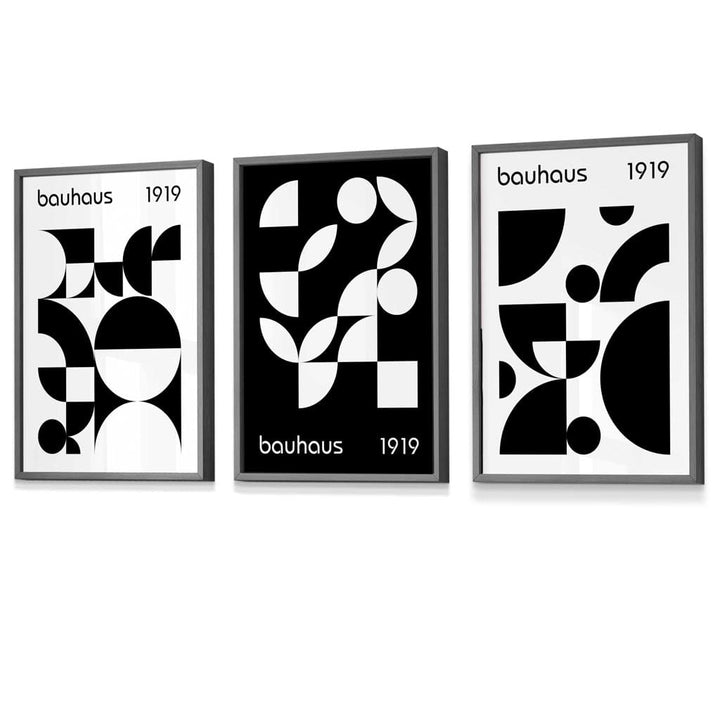 Bauhaus Style Graphic Black and White Geometric Set of 3 Framed Wall Art Prints | Bowlift