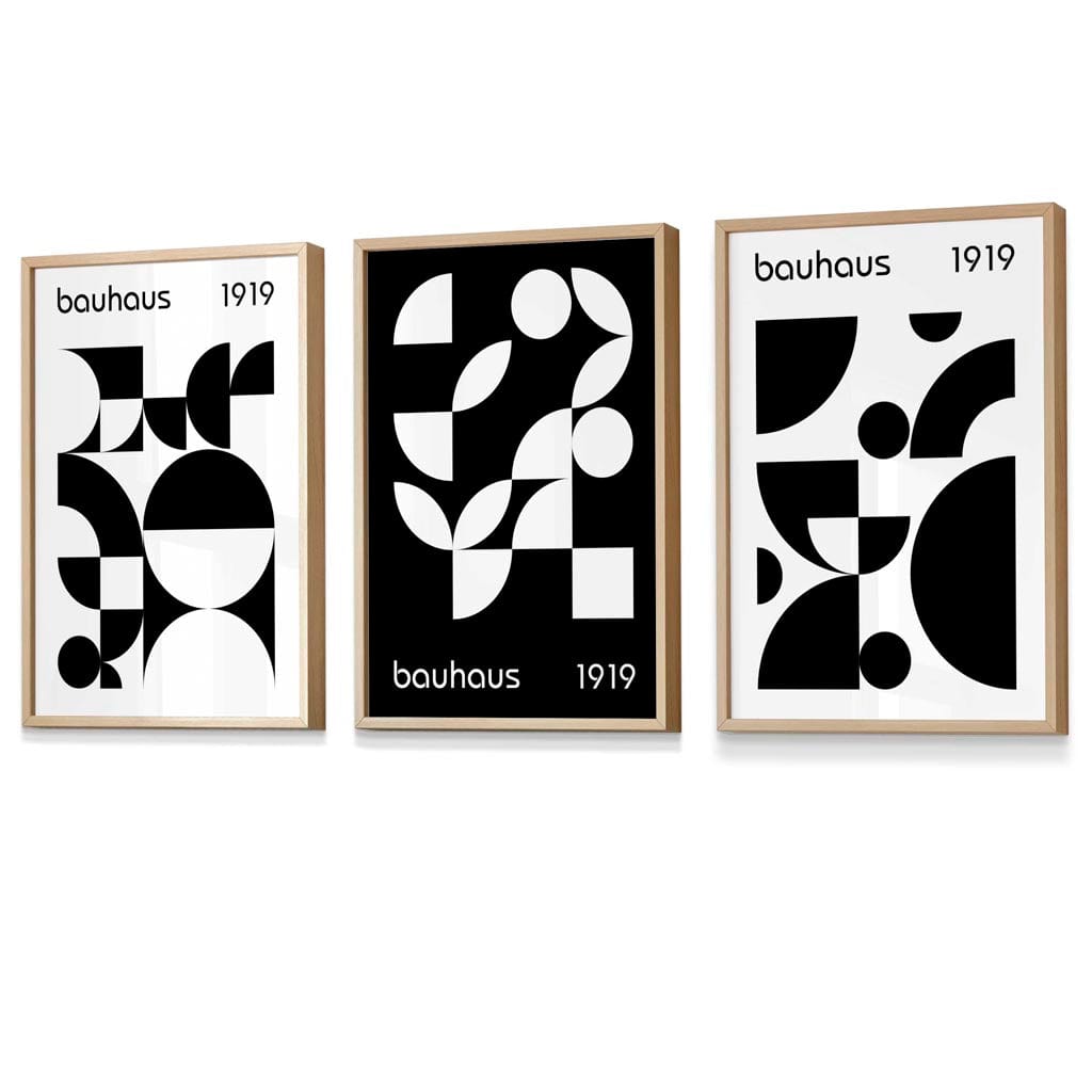 Bauhaus Style Graphic Black and White Geometric Set of 3 Framed Wall Art Prints | Bowlift
