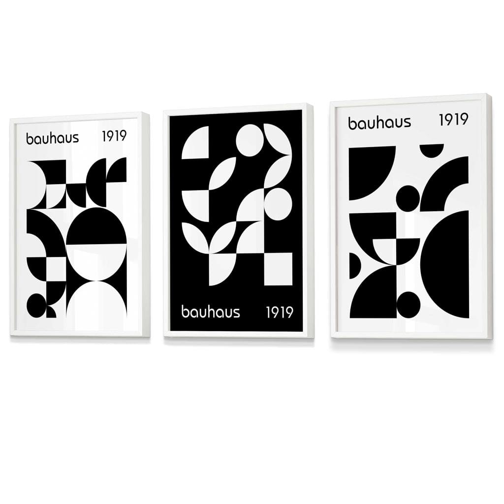 Bauhaus Style Graphic Black and White Geometric Set of 3 Framed Wall Art Prints | Bowlift