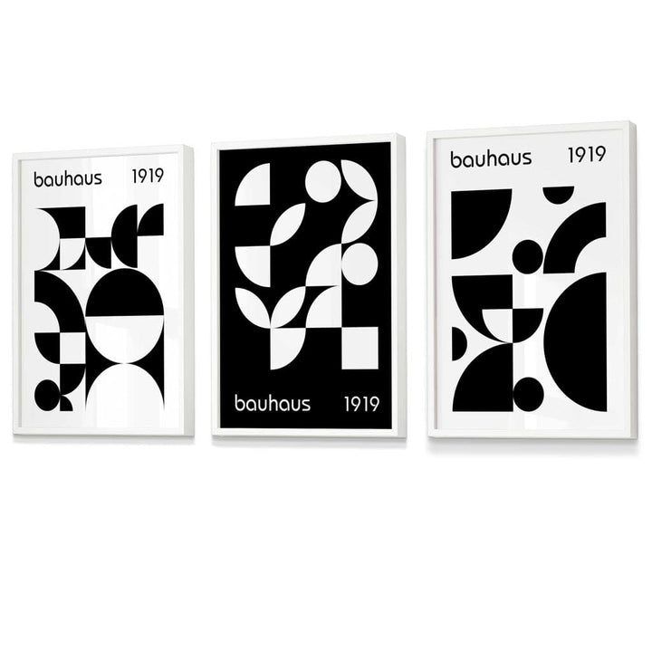 Bauhaus Style Graphic Black and White Geometric Set of 3 Framed Wall Art Prints | Bowlift