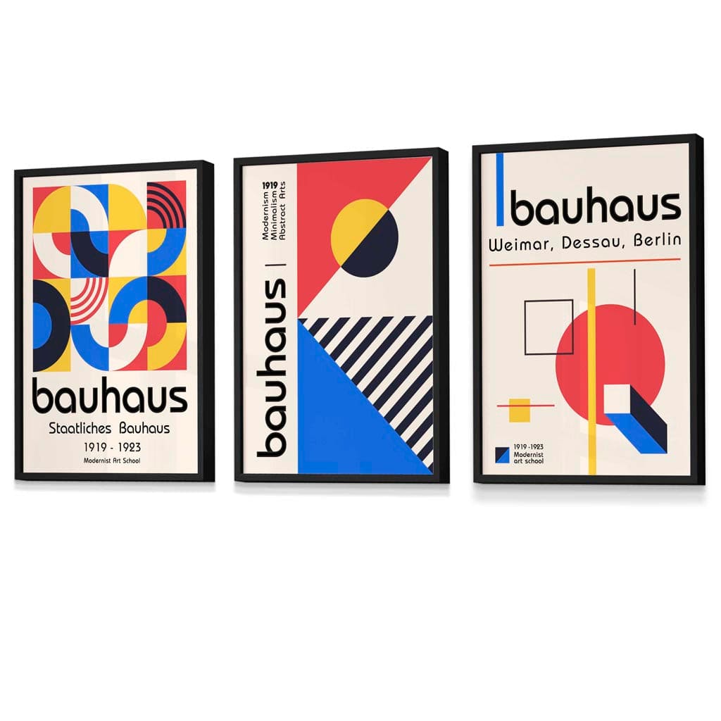 Bauhaus Red Blue & Yellow Geometric Set of 3 Framed Wall Art Prints | Bowlift