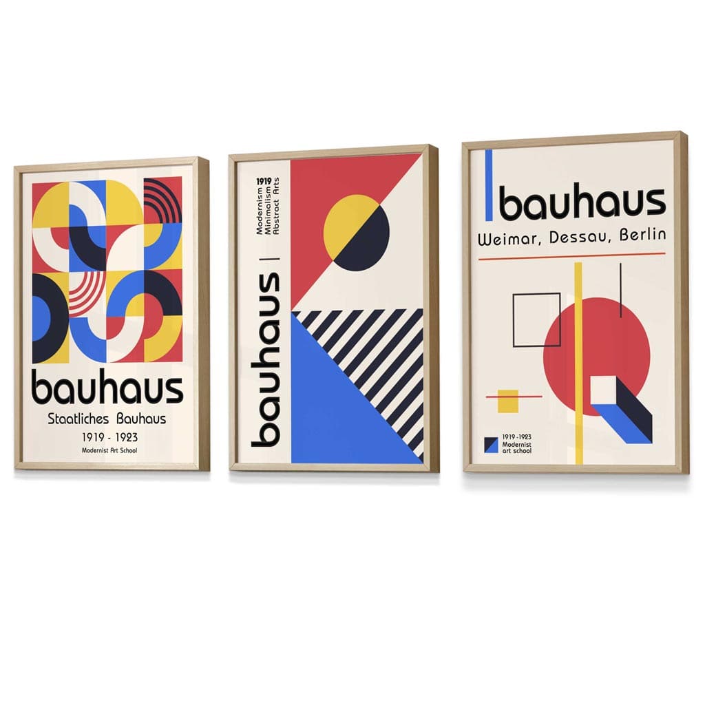 Bauhaus Red Blue & Yellow Geometric Set of 3 Framed Wall Art Prints | Bowlift