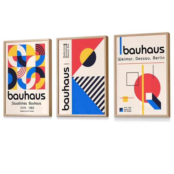 Bauhaus Red Blue & Yellow Geometric Set of 3 Framed Wall Art Prints | Bowlift