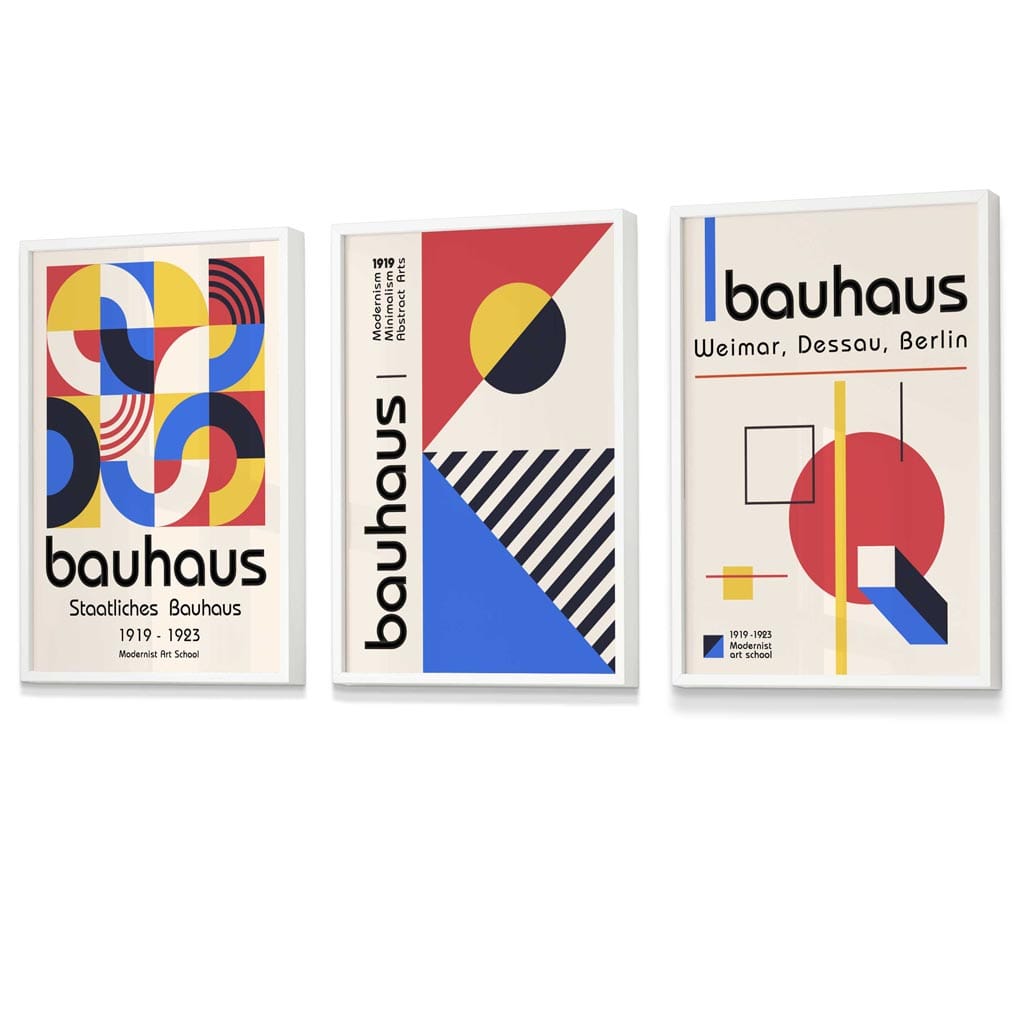 Bauhaus Red Blue & Yellow Geometric Set of 3 Framed Wall Art Prints | Bowlift