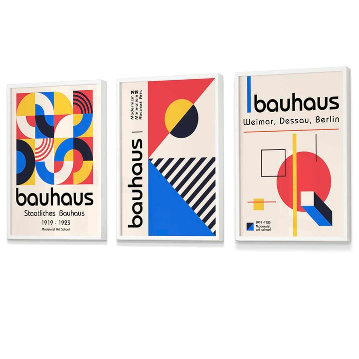 Bauhaus Red Blue & Yellow Geometric Set of 3 Framed Wall Art Prints | Bowlift
