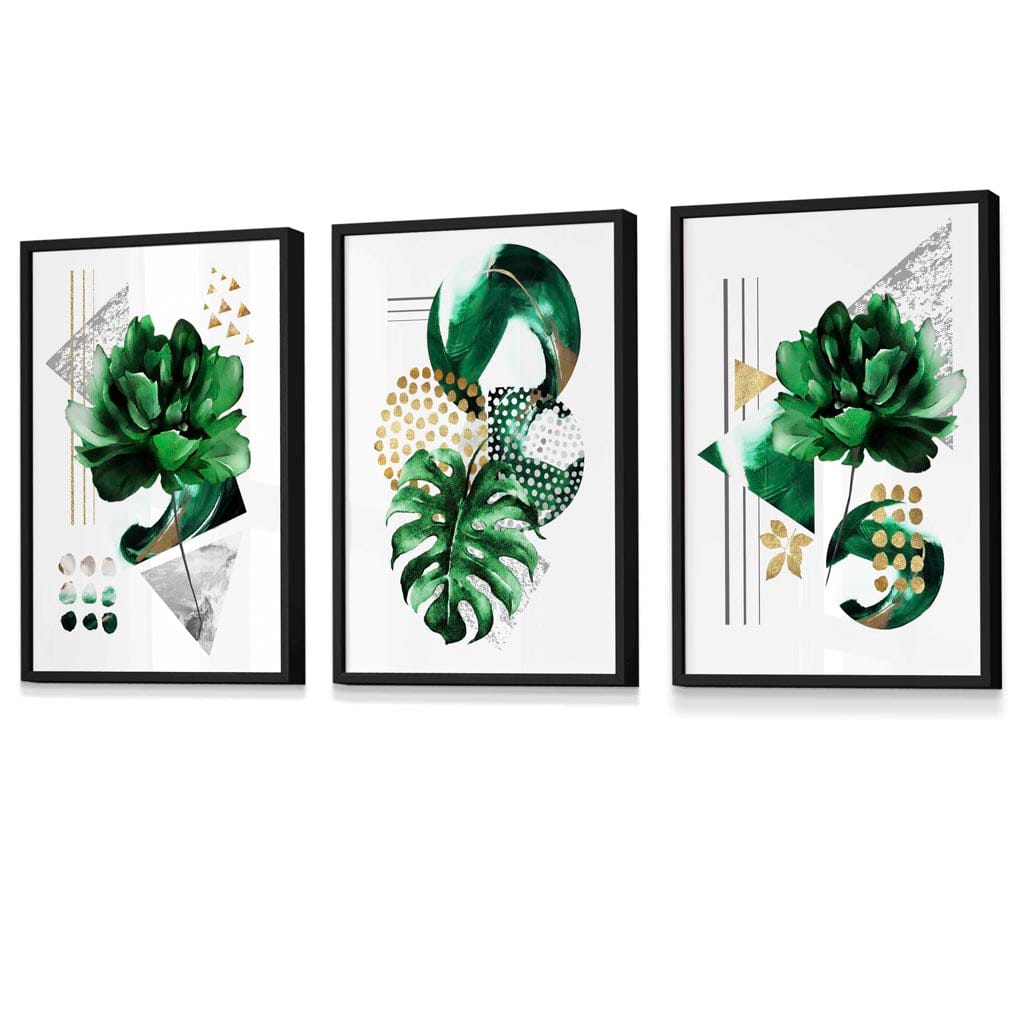 Abstract Green Gold Flower Set of 3 Framed Wall Pictures | Bowlift