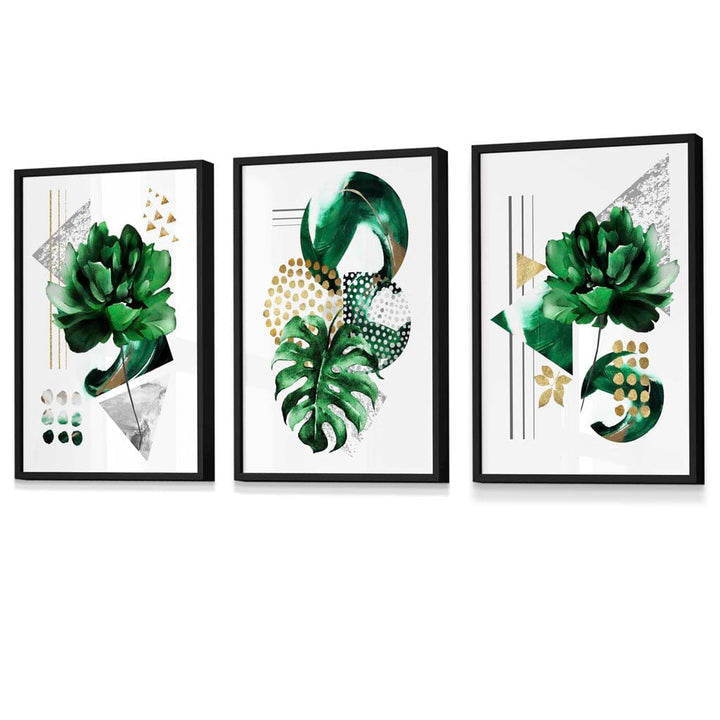 Abstract Green Gold Flower Set of 3 Framed Wall Pictures | Bowlift