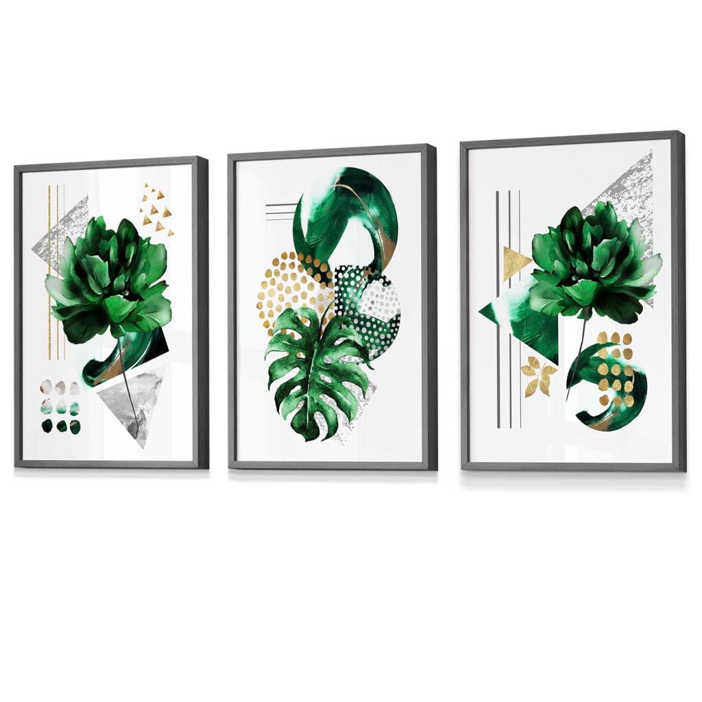 Abstract Green Gold Flower Set of 3 Framed Wall Pictures | Bowlift