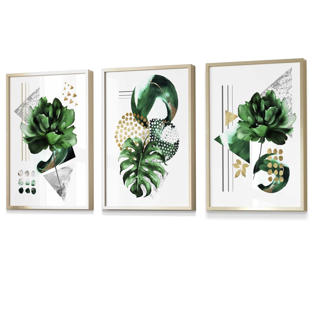 Abstract Green Gold Flower Set of 3 Framed Wall Pictures | Bowlift