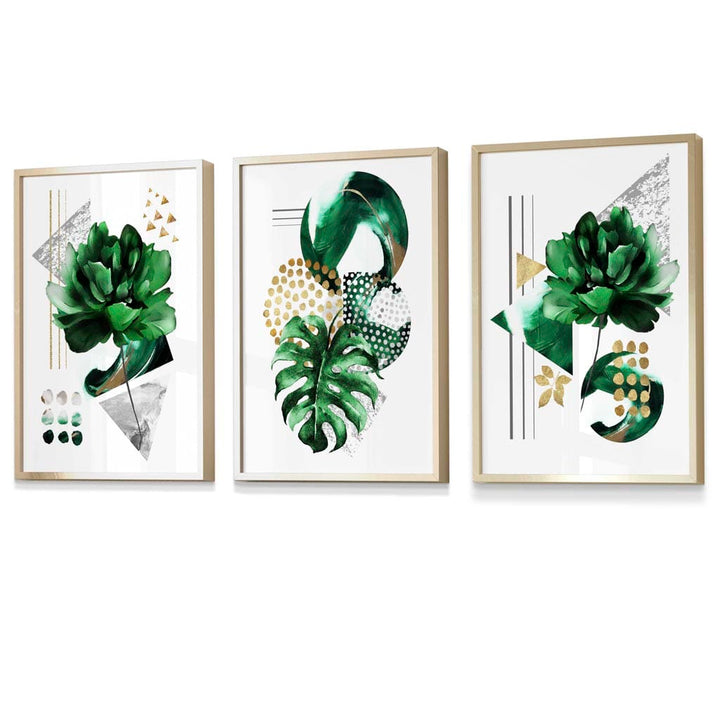 Abstract Green Gold Flower Set of 3 Framed Wall Pictures | Bowlift