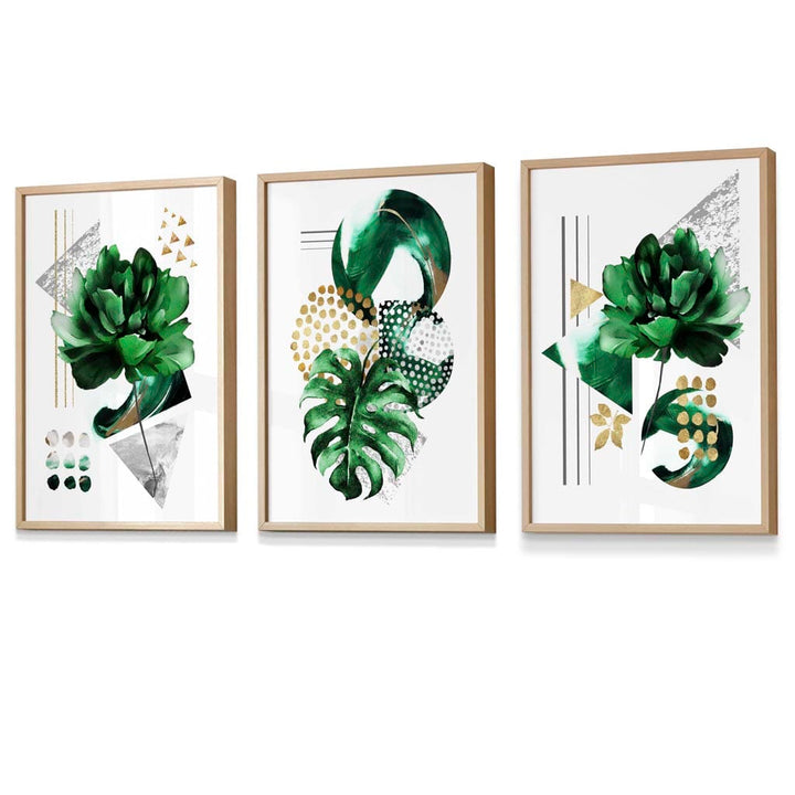 Abstract Green Gold Flower Set of 3 Framed Wall Pictures | Bowlift