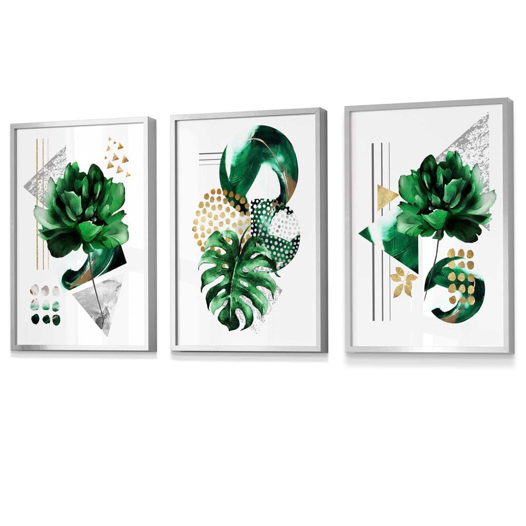 Abstract Green Gold Flower Set of 3 Framed Wall Pictures | Bowlift