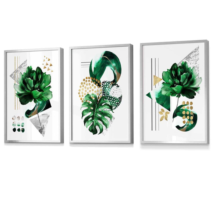Abstract Green Gold Flower Set of 3 Framed Wall Pictures | Bowlift