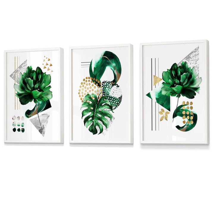 Abstract Green Gold Flower Set of 3 Framed Wall Pictures | Bowlift