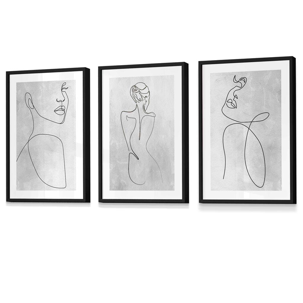 Abstract Line Art Woman Gray Wall Art Set of 3 Framed Prints | Bowlift