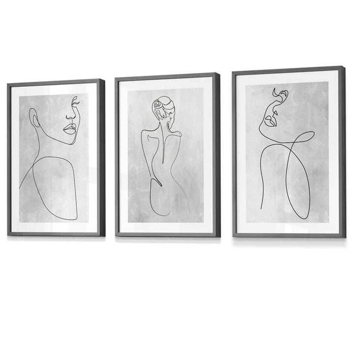 Abstract Line Art Woman Gray Wall Art Set of 3 Framed Prints | Bowlift
