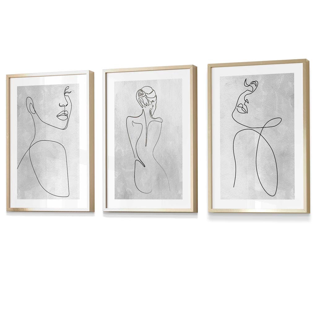 Abstract Line Art Woman Gray Wall Art Set of 3 Framed Prints | Bowlift