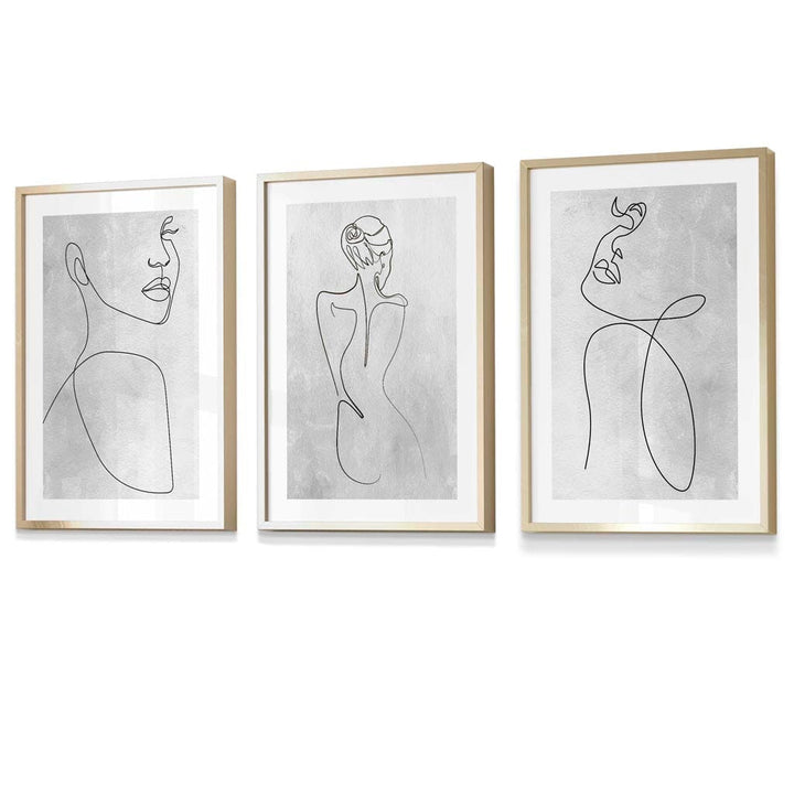 Abstract Line Art Woman Gray Wall Art Set of 3 Framed Prints | Bowlift