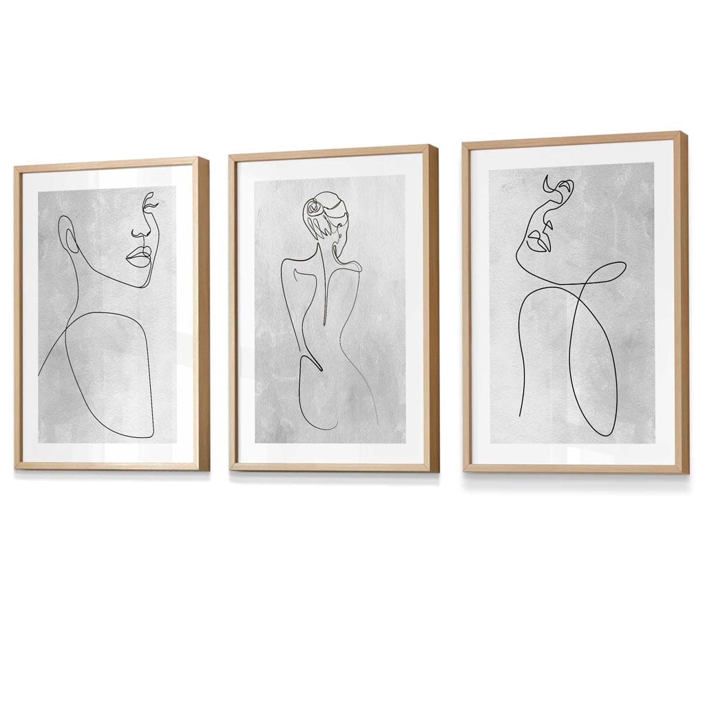 Abstract Line Art Woman Gray Wall Art Set of 3 Framed Prints | Bowlift