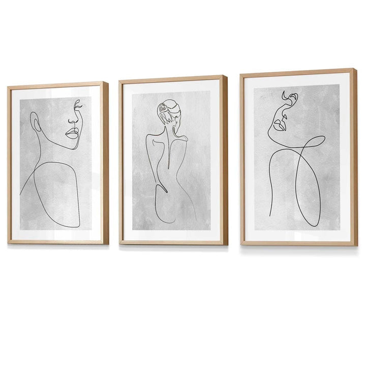 Abstract Line Art Woman Gray Wall Art Set of 3 Framed Prints | Bowlift
