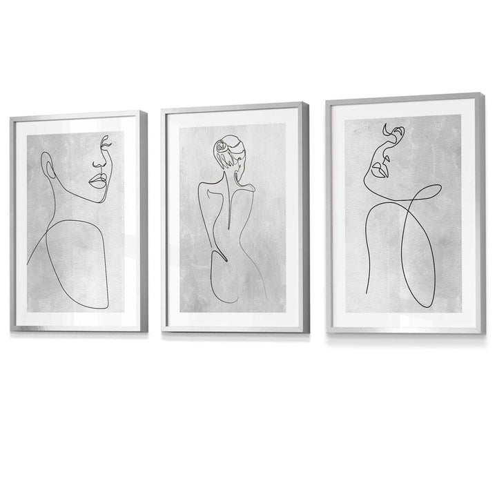 Abstract Line Art Woman Gray Wall Art Set of 3 Framed Prints | Bowlift