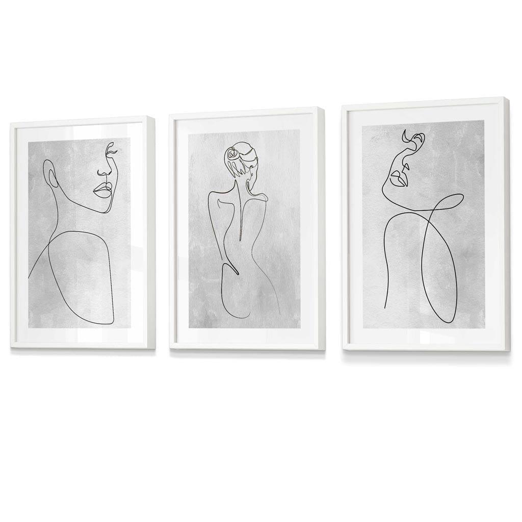 Abstract Line Art Woman Gray Wall Art Set of 3 Framed Prints | Bowlift