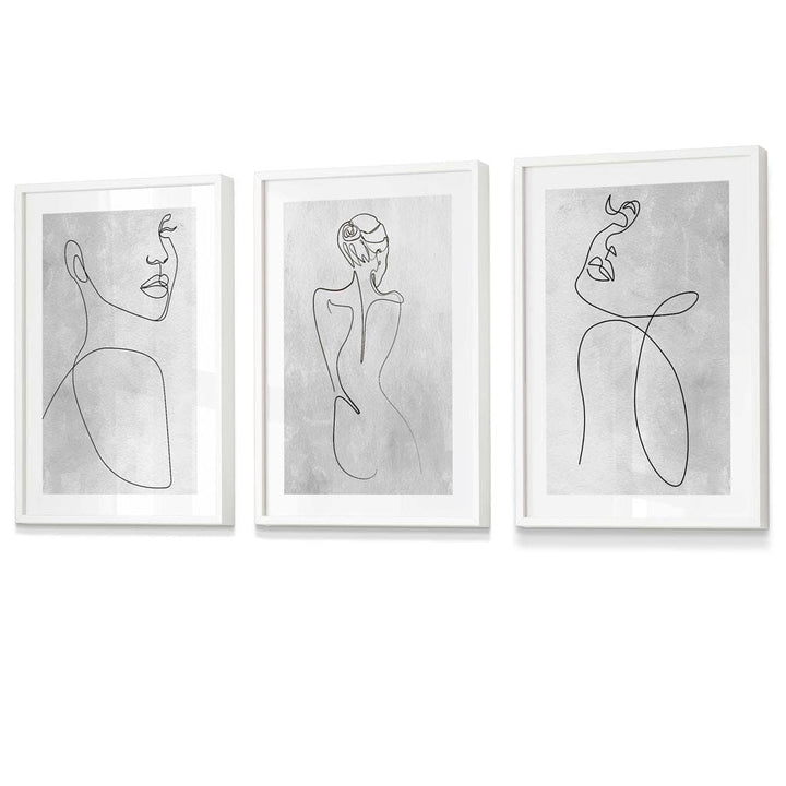 Abstract Line Art Woman Gray Wall Art Set of 3 Framed Prints | Bowlift