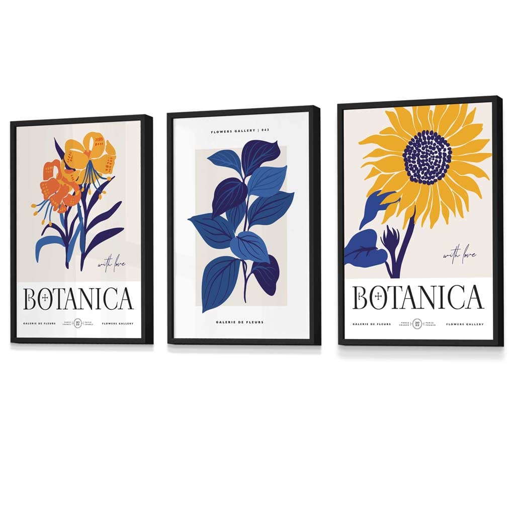Blue & Yellow Set of 3 Floral Boho Sunflower Framed Wall Art Prints | Bowlift